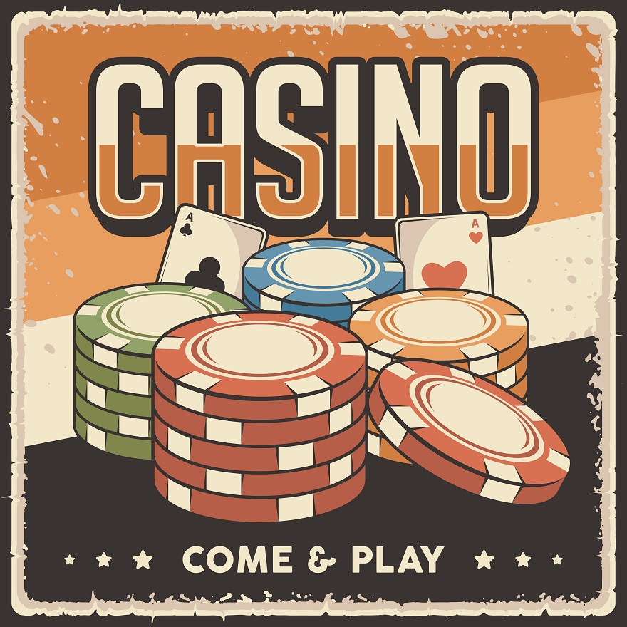 Vintage poster of Casino chips and cards labeled at the bottom with Come & Play